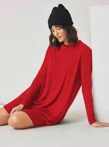 EURMUSE Women Simple Round Neck Long Sleeve Loose Short Casual Dress - Merah - View 4