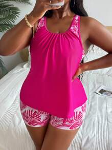 Swim Lushoire Plus Size Women Random Print Tankini Swimsuit Dress For Summer Beach Vacation