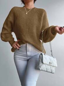 RueChic Solid Raglan Sleeve Jumper - Brown - View 3