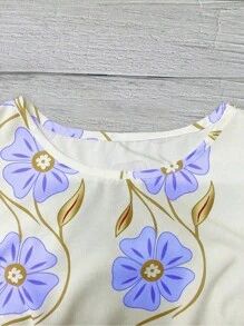 EMERY ROSE Áo cánh tay lửng in hoa màu hồng giản dị bằng vải tre cổ tròn tay lửng cho nữ, mùa xuân/hè - Màu xanh lam - Xem 5