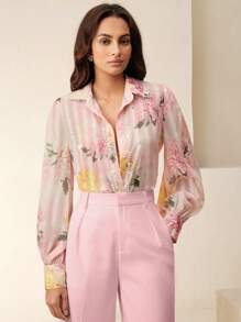 Anewsta Romantic Elegant Floral Embellished Print Blouse