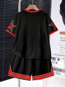 SHEIN 2 件套青少年男孩休闲时尚经典酷炫棒球运动风格，88 号，哥特式芝加哥文字，星星图案印花短袖圆领 T 恤和短裤，适合夏季 - 彩色 - 查看 3