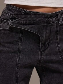 MUSERA 黑色修身喇叭牛仔裤，水洗缝线细节，交叉前襟，波西米亚风，适合节日、假日、冬季休闲、日常穿着，春夏皆宜。 - 黑色 - 查看 6