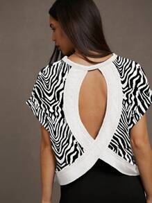 SHEIN Essnce Women Casual Crew Neck Backless Asymmetrical Hem Loose Tank Top, Summer Zebra Pattern Print