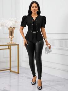 SHEIN Lady 女式轻薄黑色双排扣短袖夹克