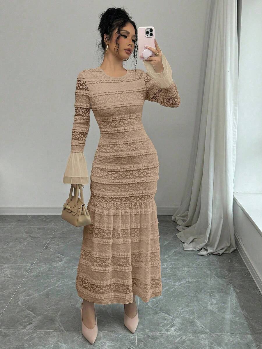 Rafferiza Women's Solid Color Mesh Patchwork Slim Fit Elegant Long Sleeve Dress Fall Cloth For Women - Khaki - View 1