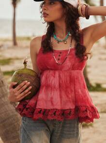 Bohemela Top canottiera da donna stile boho vacanza al mare, con spalline sottili, in tessuto intrecciato tie-dye, schiena scoperta