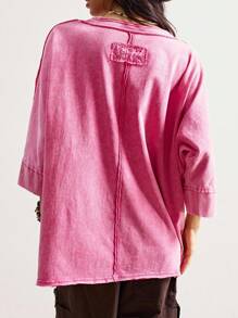 Bohemela Women's Casual Solid Color Knit Round Neck Short Sleeve Loose Wash T-Shirt Pink Top Pink Sweater Pink Shirt Embroidered Top Womens Pink Top