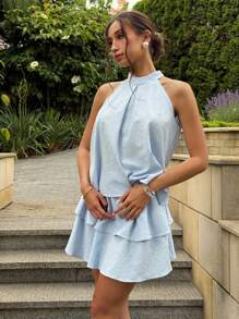 Aloruh Vestido corto para mujer con cuello de halter, volantes y estampado floral jacquard