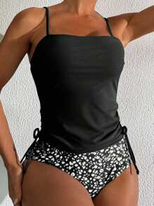 SHEIN Swim Fashionable Women Strappy Drawstring Bowknot Tankini Bikini Set Set, Summer - Black and White - View 3