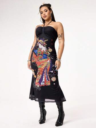 Grunge Punk Robe de soirée mini près du corps avec dos nu, imprimé graphique Geisha et décorations de strass, taille grande pour femmes