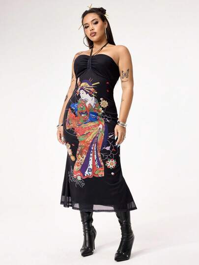 Grunge Punk Back To School  Geisha Graphic Print Rhinestone Embellished Plus Size Women Halter Backless Bodycon Mini Dress