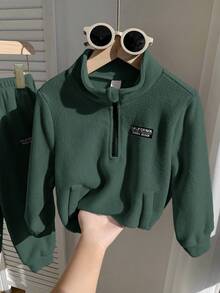 SHEIN 2pcs/Set Young Boys Casual Minimalist Outfit, Fleece Thickened, Suitable For Autumn/Winter - Dark Green - View 5