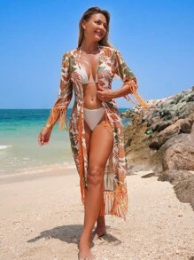 Swim Lushoire 女式夏季海滩印花网眼前开流苏系带裹身和服 - 橘色 - 查看 5