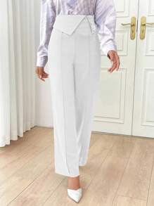 Modelyn Pantaloni casual a gamba dritta da donna, con design a vita pieghevole e bottoni, di colore liscio