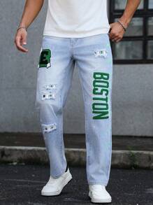 Manfinity LEGND Men's Street Casual Distressed Patchwork Embroidered Patch Rivet Decor Ripped Jeans Streetwear Jeans Men Graphic Jeans Patched For Tapered - Light Wash - View 7