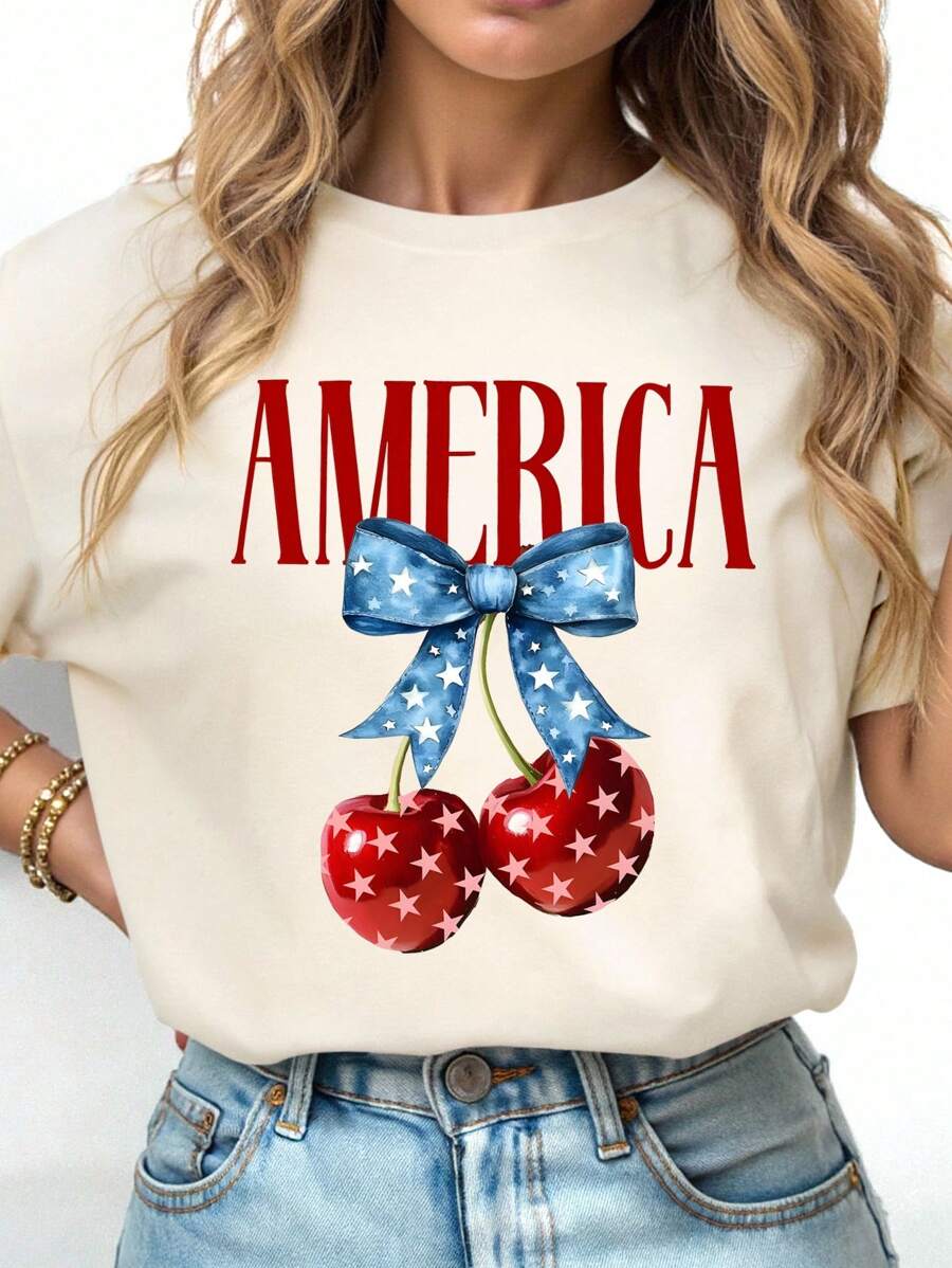 SHEIN EZwear 大码女式休闲美国国旗蝴蝶结、樱桃和字母印花宽松落肩T恤，夏季 - 杏色 - 查看 1