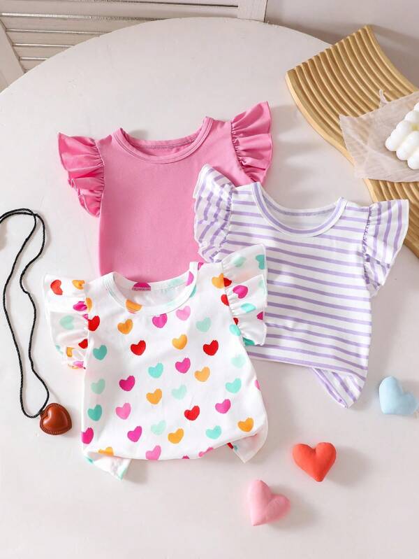 SHEIN Playful Pals 3pcs Set Colorful Heart Striped Print Ruffle Round Neck Pullover T-Shirts, Soft & Casual, Cute Style, Spring/Summer New Arrival