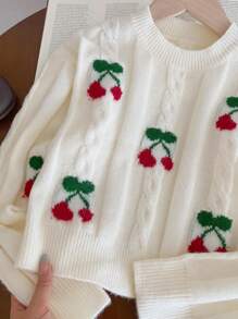 SHEIN Vintaside Kids 少女可爱甜美简约樱桃图案套头毛衣，圆领长袖，秋冬季舒适保暖。 - 米色 - 查看 5