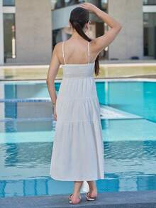 Andrea Bello 浅杏色纹理面料褶皱抹胸宽腰细肩带连衣裙，轻松度假风格 - 杏色 - 查看 2