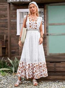 LanaWest New Design Women's V-Neck Embroidered Fabric Ruffle Hem Patchwork Bohemian Elegant Dress - Multicolor - View 4