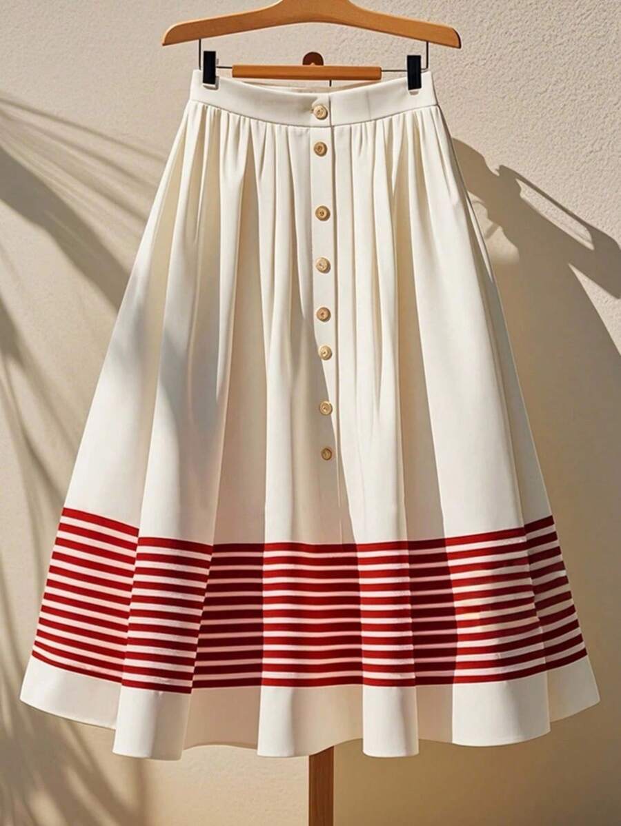 SHEIN LUNE Gonna a vita alta affusolata a righe, versatile per pendolarismo e vacanze, con motivo a quadri leggero, adatta per outfit casual primaverili per l'università, abbigliamento autunnale per donne - Albicocca - Visualizzare 1