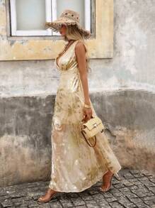 SHEIN VCAY V-Neck Women's Dress, Lightweight Woven Gold Foil Material, Suitable For Spring & Summer Vacation,Pastel Dresses For Women