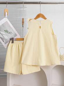 SHEIN 2pcs/Set Girls' Apricot Color Pleated A-Line Bowknot Vest Top & Loose Shorts, Elegant Outfit For Daily Wear & Vacation, Summer
