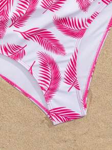 SHEIN Swim Women's Solid Fuchsia Minimalist Camisole Top And Leaf Print Swimwear Bottom Set For Summer Beach Vacation