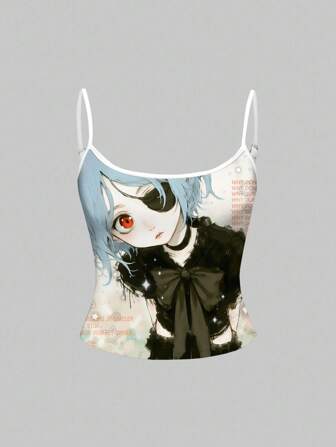 Anime Camiseta de tirantes de mujer con estampado de ojos de pez y cabeza grande de personaje de anime lindo