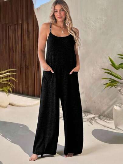 大码休闲串珠吊带宽松黑色连体裤，适合度假和日常穿着