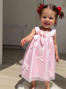 SHEIN Playful Pals Infant/Baby Girl Casual Cute Pink Organza Dress With Multiple Ribbon Bows