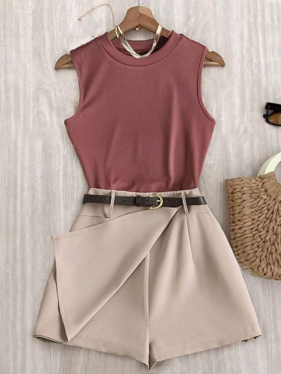 Franclia 女士休闲罗纹吊带背心和短裤两件套（配腰带），夏季 - 彩色 - 查看 1