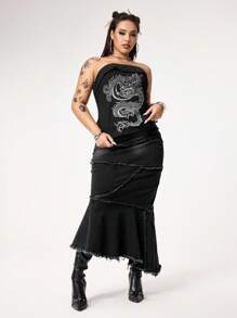 ROMWE Grunge Punk Subculture Y2K Tight Fit Dragon Print Hem Slit Design Plus Size Women Tube Top