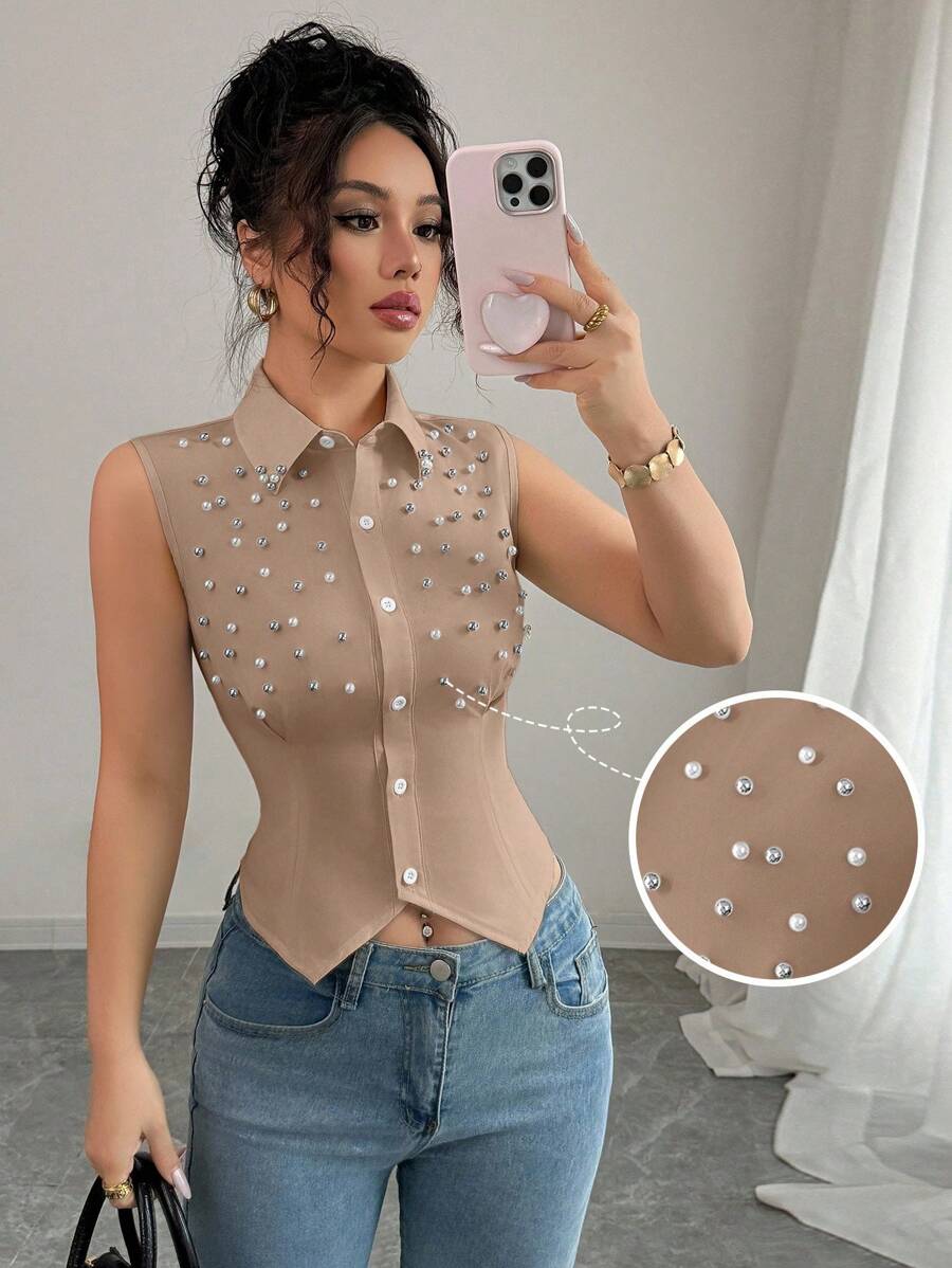 Elenzga 女式夏季优雅无袖腰珠饰衬衫 - 咖啡棕 - 查看 1
