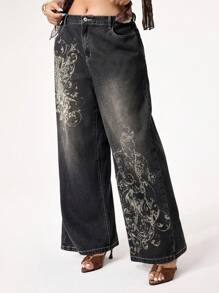 ROMWE Grunge Punk Jeans de talla grande desgastados y distressed de estilo callejero grunge con estampado vintage de enredaderas en cruz - Negro - Ver 4
