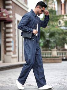 Manfinity Homme 男士休闲条纹夹克牛仔裤套装，适合休闲外出、通勤上班等都市场合，秋季款