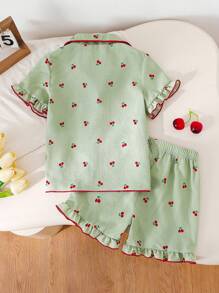 Conjunto de pijama para niñas preadolescentes, blusa de manga corta con volantes y estampado de cerezas, shorts elegantes y cómodos de moda
