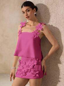 Aveloria Rosie White Handmade 3D Floral Applique Strap Camisole And Matching Mini Skirt Set, Elegant Refined Romantic Outfits For Women