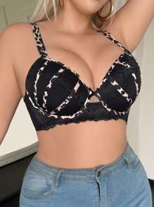 SHEIN 1 件大码女士蕾丝拼接钢圈文胸 - 黑色 - 查看 4