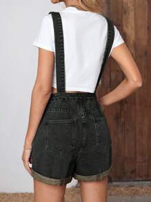 EMERY ROSE Women's Letter Printed Pocket Casual Loose Denim Bib Overall Shorts - Dark Wash - View 2