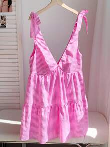 Comfortcana Damen Neues gestreiftes Minikleid mit V-Ausschnitt, Schleife und Babydoll-Stil