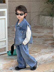 Dazy Kids Kids Autumn Outfit - 3pcs Set: Loose Denim Jacket, Denim Vest And Straight Leg Denim Pants For Toddler Boys - Medium Wash - View 4