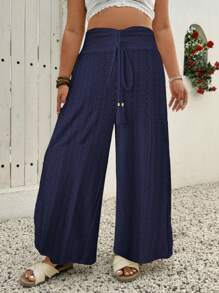 SHEIN Holidaya 大码镂空提花面料刺绣抽绳腰侧开叉休闲度假裤阔腿夏季裤子女夏季女度假女裤 - 藏蓝色 - 查看 3