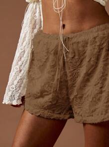 MISSGUIDED Lace Textured High Waist Drawstring Festival Beach Shorts Vintage Hippie Boho Summer Party Casual Leisure Loungewear Holiday Resort - Mocha Brown - View 6
