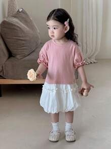 Dazy Kids Kleinkind Mädchen Rundhals Kontrast Farbige Puffärmel Midi Sommer Lässig Kleid