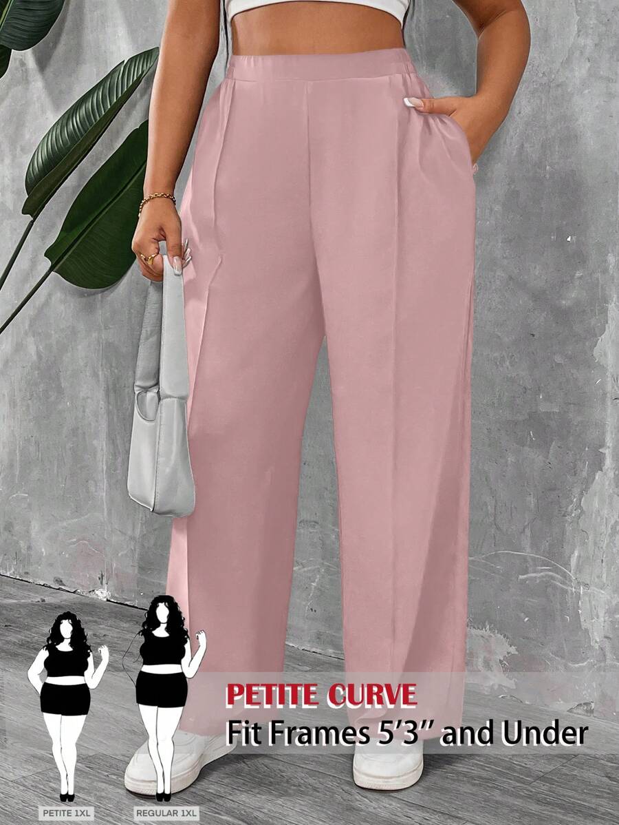 SHEIN PETITE CURVE Plus Size Pink Woven Fabric Casual Long Pants With Zipper Detail For Effortless Everyday Style  For Vacation Teacher Outfits For Women