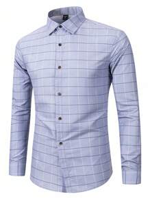 Manfinity Mode Men's Casual Blue Plaid Dress Shirt, Fall, Long Sleeve Top - Grey - View 5