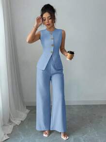 Elenzga 2-Pcs Plus Size Solid Color Front Button Sleeveless Top And Long Pants Set - Blue - View 3