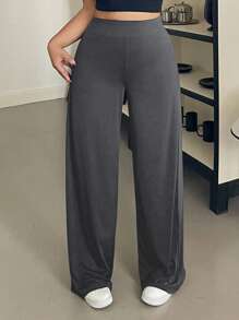 Dazy Plus Elastic Waist Solid Color Wide Leg Knit Casual Long Pants - Grey - View 4